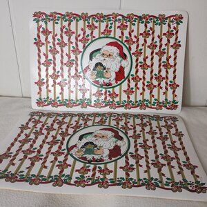 VTG NTR Christmas Santa Claus Placemat Set of 3 Doll Jingle Bells Holly Gold